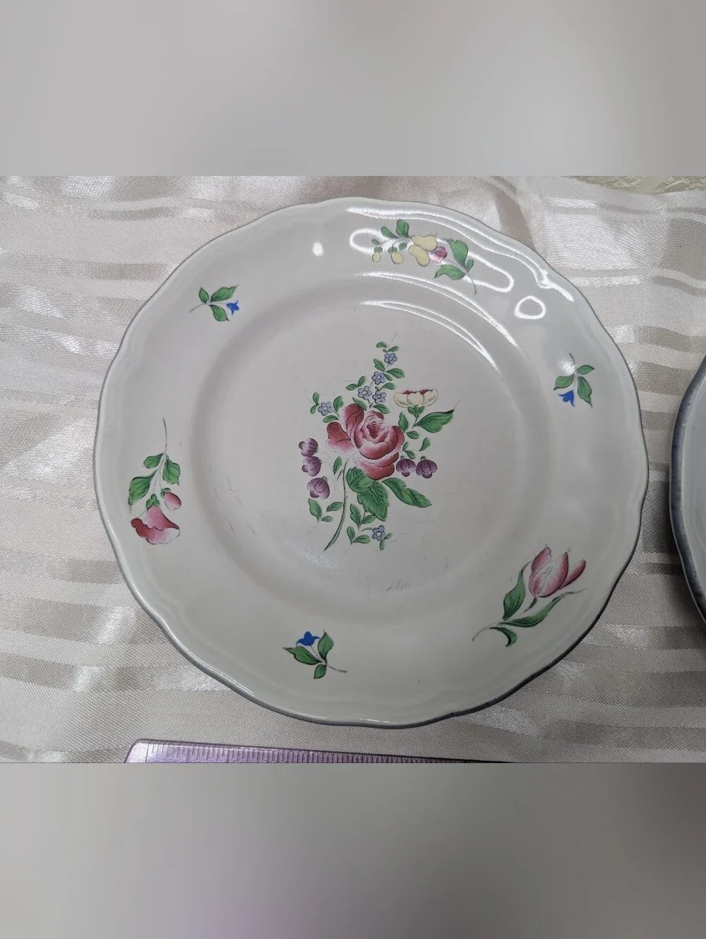 K&G Luneville Old Strasbourg Plates France Antique Off White Pink Floral Cottage